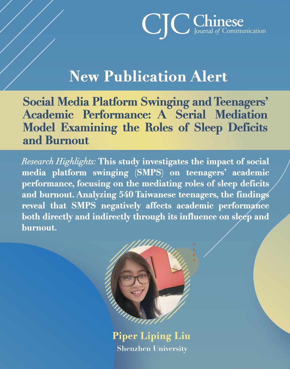 New pub alert! Liu’s study investigates the impact of social media platform swinging (SMPS) on teenagers’ academic performance. The findings reveal that SMPS negatively affects academic performance through its influence on sleep and burnout.

Read here: doi.org/10.1080/175447…