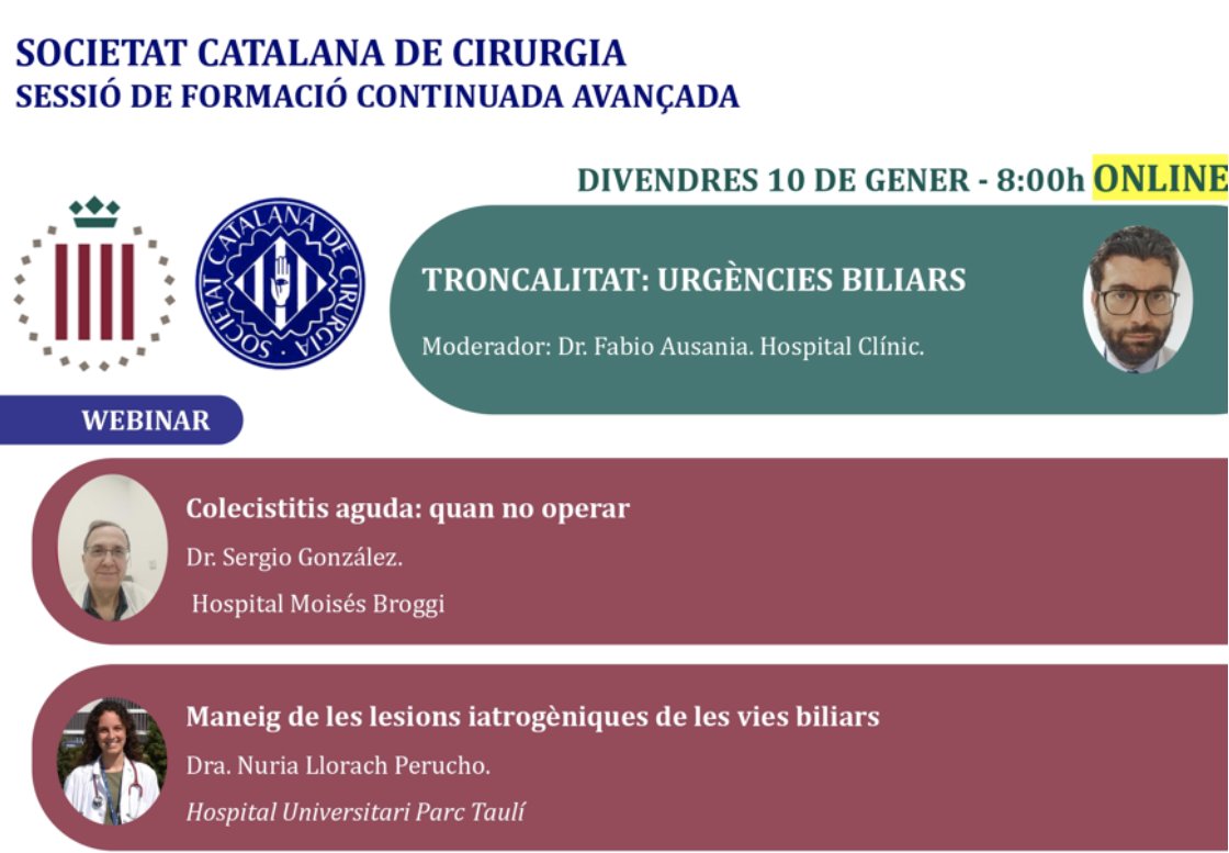 Societat Catalana de Cirurgia (@scatcir) on Twitter photo Us esperem el proper divendres 15/11 en format ONLINE a la sessió de formación continuada de la @ScatCir dedicada a la cirurgia d’urgències que s'organitza en format Webinar. La sessió serà moderada pel Dr. Fabio Ausania @fabio_ausanina
<a href="/nuria_llorach/">Núria Llorach</a> Us esperem el proper divendres 15/11 en format ONLINE a la sessió de formación continuada de la @ScatCir dedicada a la cirurgia d’urgències que s'organitza en format Webinar. La sessió serà moderada pel Dr. Fabio Ausania @fabio_ausanina
<a href="/nuria_llorach/">Núria Llorach</a>