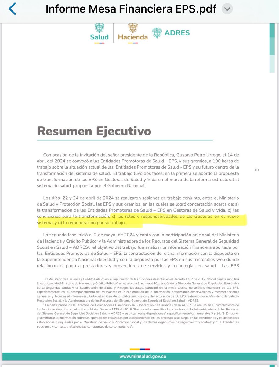 CathyJuvinao's tweet photo. En su afán de publicar ‘informes’ que justifiquen sus disparates, el tuitero petrista terminó subiendo el documento en el que @MinSaludCol confirma que el regalo billonario a las EPS en la reforma a la salud fue pactado con ellas a puerta cerrada.  

Así pues, el documento de 707 páginas que cita @petrogustavo no es sobre el análisis de la UPC 2025, sino que es un informe derivado de las ‘100 horas con las EPS’ a puerta cerrada en Palacio, un espacio opaco en abril de 2024 que en su momento denunciamos y en el que pactaron: 1) funciones; 2) remuneración (ver imagen 1).

¿Cuáles funciones? Pues ni la mitad de lo que hacen hoy, como lo alertamos en su momento. ¿A qué precio? A uno altísimo aún en contra de la evidencia. En este encierro de ‘100 horas’ fue que pactaron el anti técnico pago de entre el 5% y el 8% de la UPC al año para las nuevas gestoras, algo que puede significar hasta $7 billones anuales por no hacer nada relevante dentro del nuevo esquema. ¿Con base en qué? Nadie sabe. 

No en vano algunas EPS, después de esa reunión, salieron a decir que apoyaban la reforma. No en vano diversas voces hemos venido alertando sobre este MICO que no tiene justificación dado que los gastos administrativos de las EPS hoy no superan el 3% de la UPC, según lo ha confirmado la misma @CGR_Colombia. 

Pero así funciona el régimen de Petro: pelea con las EPS de dientes para afuera mientras en privado intenta negociarlas a como dé lugar. El uso eficiente y justo de los recursos no les importa. 

CARADURAS.