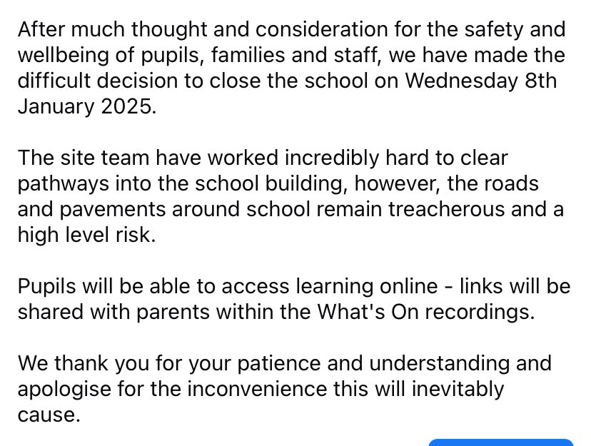 ‼️ WEDNESDAY 8TH JANUARY SCHOOL CLOSURE ANNOUNCEMENT ‼️