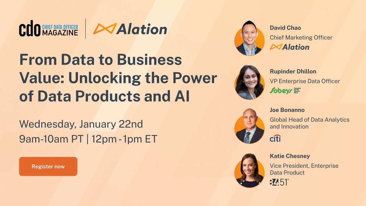 magazine_cdo's tweet photo. 🚀 #WebinarAlert!

Join us for this panel discussion, "From Data to Business Value: Unlocking the Power of Data Products and AI",  featuring leaders from @8451group, @sobeyscareers, @Citi &amp; @Alation

🗓 WHEN: Jan. 22 @ 12 PM ET | 9 AM PT

👉 REGISTER NOW! https://t.co/RSrUXZhTnq https://t.co/tXKvgdA086