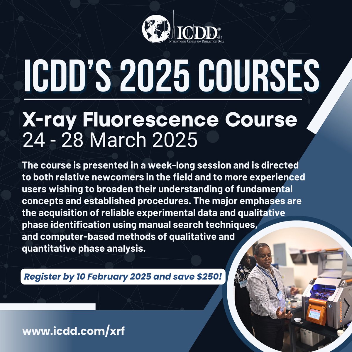 ICDD's X-ray Fluorescence Course is happening soon! Register by 10 February and save $250. Visit icdd.com/xrf for more information.