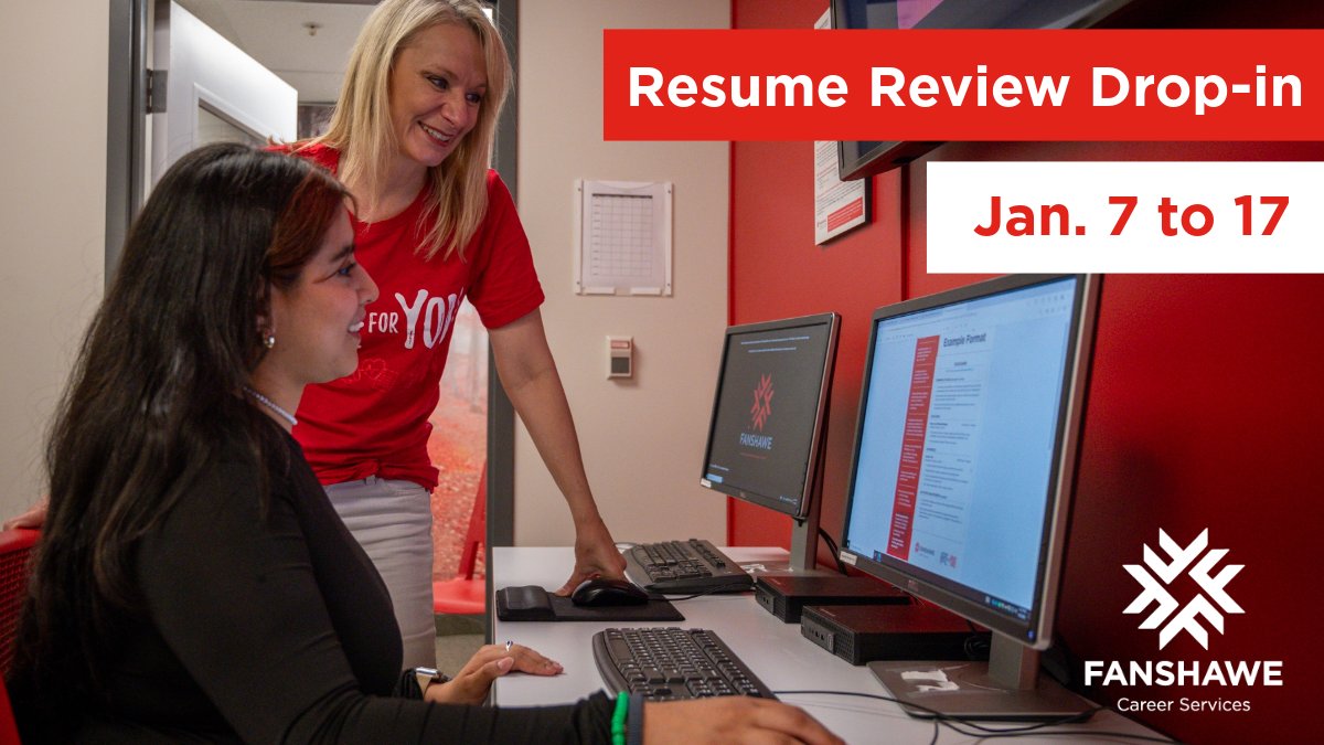 FanshaweCS's tweet image. Looking for a job? 

Drop-in to room D1063 at the London Campus for a professional resume review by Career Services Consultants.

Drop-in services are available Monday to Friday | 10 a.m. to 12 p.m. OR 1 to 3 p.m.

#FanshaweCS