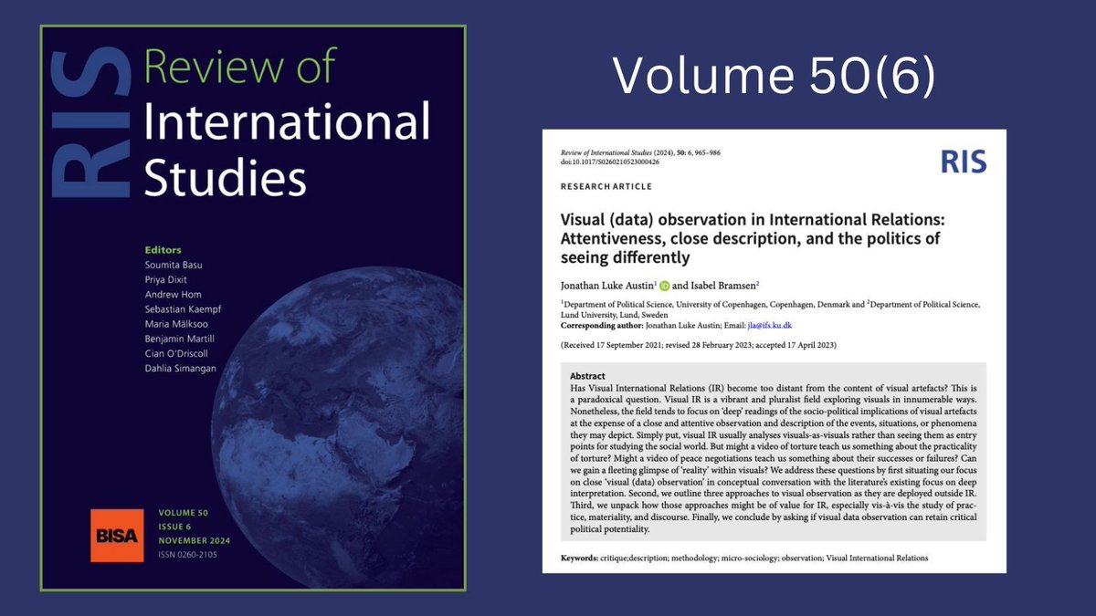"Has Visual International Relations (IR) become too distant from the content of visual artefacts?"

In our latest issue, Jonathan Luke Austin &amp; Isabel Bramsen tackle this question. It's #OpenAccess, so have a read! 

👉 buff.ly/4gLIhru