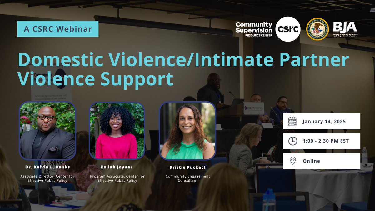 📢  Join Us for an Interactive Webinar on DV/IPV Cases
🗓️  Date: Jan 14, 2025
 ⏰  Time: 1–2:30 pm ET

 ✔️ Key research and assessments related to DV/IPV
 ✔️ Strategies for community supervision
 ✔️ Firsthand insights to inform harm-reduction approaches
communitysupervisioncenter.org/events/domesti…