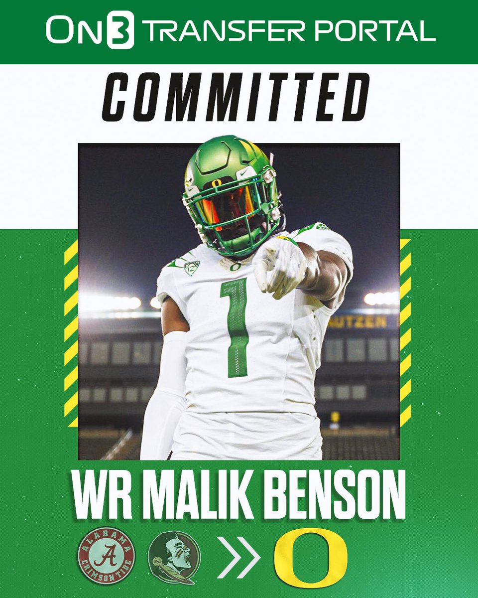 Transfer Portal (@transferportal_) on Twitter photo BREAKING: Florida State transfer WR Malik Benson has committed to Oregon, per <a href="/Hayesfawcett3/">Hayes Fawcett</a>🦆
on3.com/college/oregon… BREAKING: Florida State transfer WR Malik Benson has committed to Oregon, per <a href="/Hayesfawcett3/">Hayes Fawcett</a>🦆
on3.com/college/oregon…