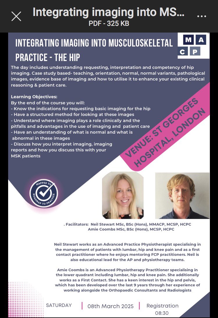 Not long till our face to face Integrating Imaging into MSK hip course at St Georges. Looking forward to lots of case studies, understanding imaging does not always fit what we are expecting, and mapped to FCP roadmap <a href="/PhysioMACP/">MACP</a> <a href="/neilstewart101/">Neil Stewart</a> #fcp #physiotherapy