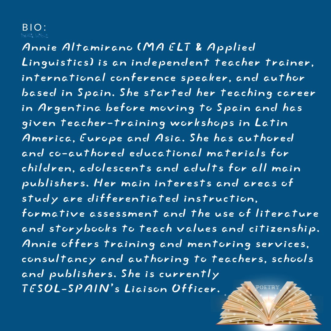 Mark your calendars❗️TESOL-SPAIN and KURDISTAN TESOL are teaming up to host a series of 4 exciting webinars❗️
“Lifting Poetry Off the Page: Engaging Students Through Verse”
🗓️11th January
📍Zoom🕢 19:00-20:00
🔗 bit.ly/TESOL-SPAIN-ev…
#tesol #tesolspain #kurdistantesol #webinar