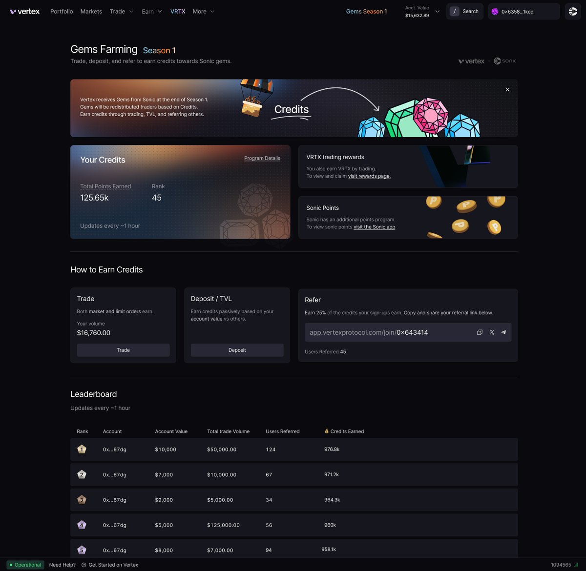 1/ Waiting for Sonic Points szn to start, anon? We’ve got you covered.

We’re giving 100% of Sonic Gems to Vertex users. Deposit. Trade &amp; start earning ‘Credits’ (Gems) on Vertex.

➡️ Start tracking your Credits via the gems farming page.