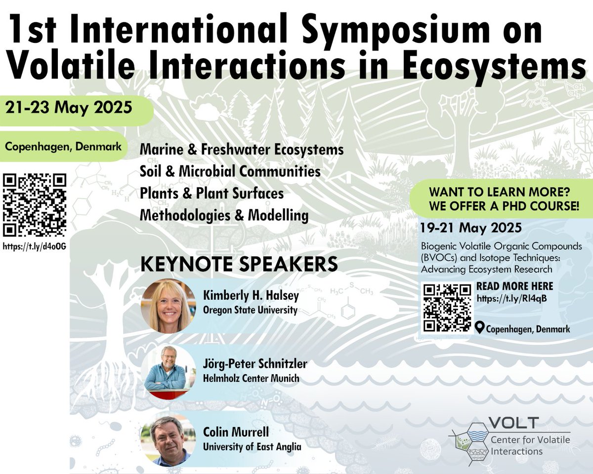 We will be hosting the 1st International Symposium on Volatile Interactions in Ecosystems in Copenhagen in May 2025 to bring together scientists working with #Biogeochemistry, #ChemicalEcology and #EcosystemAtmosphereInteractions related to VOCs, volatile S and N.  Welcome! 1/3