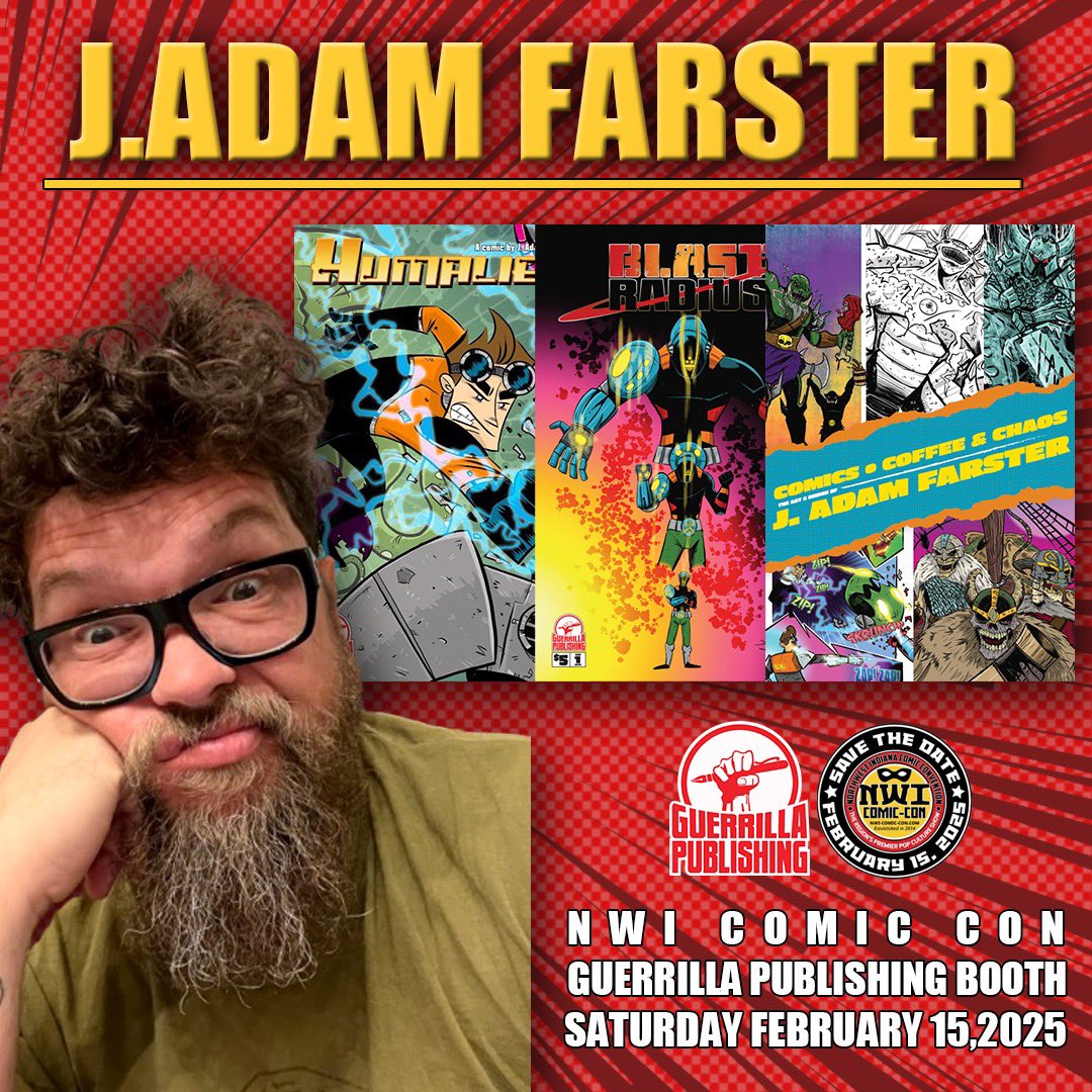 Guerrilla_Pub's tweet image. Catch J. Adam Farster at the Guerrilla Publishing booth on Saturday, Feb 15th!
#NWIComicCon #BlastRadius #KaijuAdventure #ComicsCoffeeChaos #ComicCreator #IndieComics #GuerrillaPublishing #ArtBookRelease #ComicDebut #SupportIndieCreators