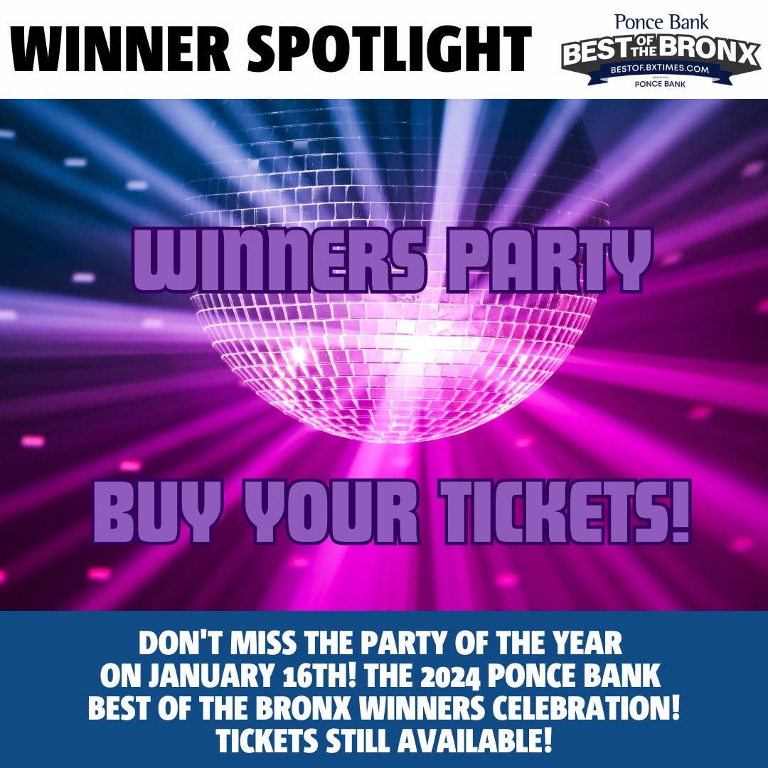 WINNERS — BUY YOUR TICKETS! The Ponce Bank Best of The Bronx 2024 Winners Celebration is 1/16/25 at Maestro's from 6-9pm, an invitation-only celebration that includes an elegant dinner, hors d'oeuvres, open bar, live music, &amp; entertainment.

Buy Tickets: bestof.bxtimes.com/product/winner…