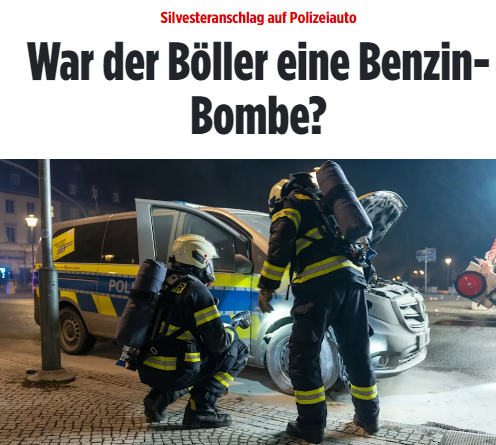 Taykra's tweet image. #Weimar: Silvesteranschlag auf Polizeiauto. Chaoten feuerten Böller und Raketen auf Einsatzkräfte der Polizei und Feuerwehr. Unbekannte, vermutlich aus einer der zahlreichen versammelten Personengruppen, nahmen auch einen Streifenwagen ins Visier. bild.de/regional/thuer…