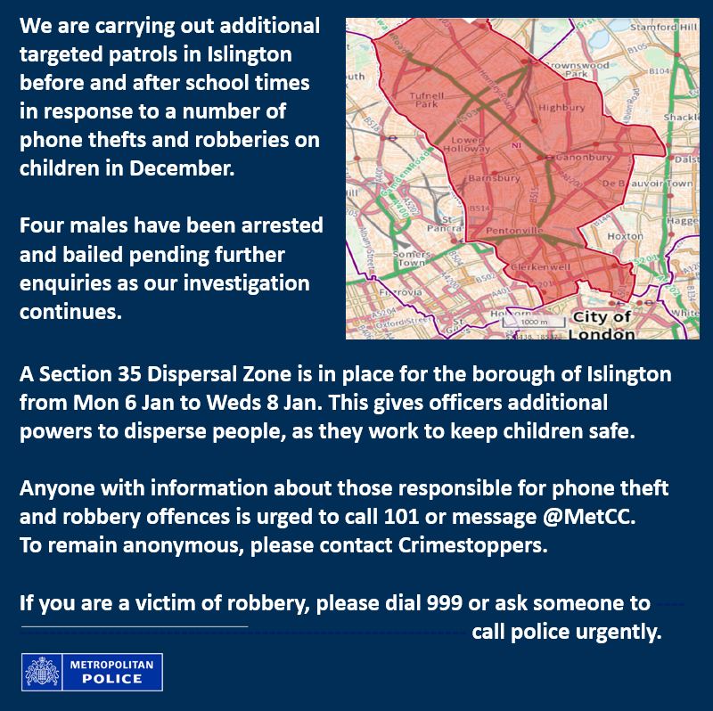 Our response to phone thefts and robberies on children in December includes additional targeted patrols before and after school and the authorisation of a Section 35 Dispersal Zone.

Please see further details 👇