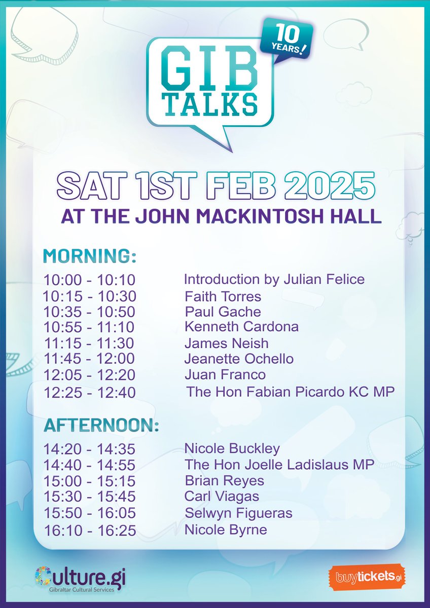 gib_talks's tweet image. 🎤 ✨Speaker schedule for GibTalks 2025 is here!

📅 Join us on Saturday 1st February at the John Mackintosh Hall for an incredible lineup of local voices.

🎟️ Tickets available from 8th January via buytickets.gi.

📱 Full schedule: culture.gi/news 🌟