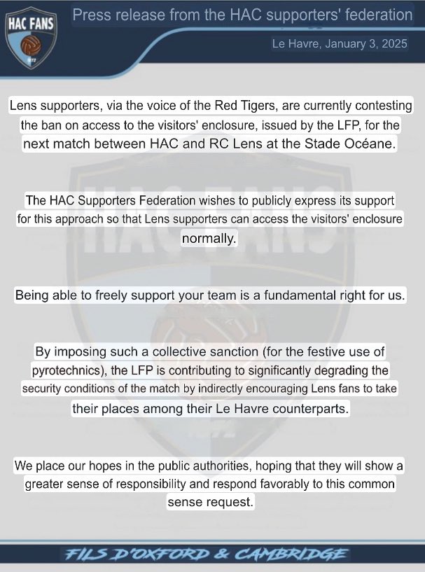 talking_ligue1's tweet photo. Press release from @hacfans1872 regarding the upcoming #HACRCL game on Saturday 🗣️

#RCLens #RedTigers https://t.co/FskWdb2it1