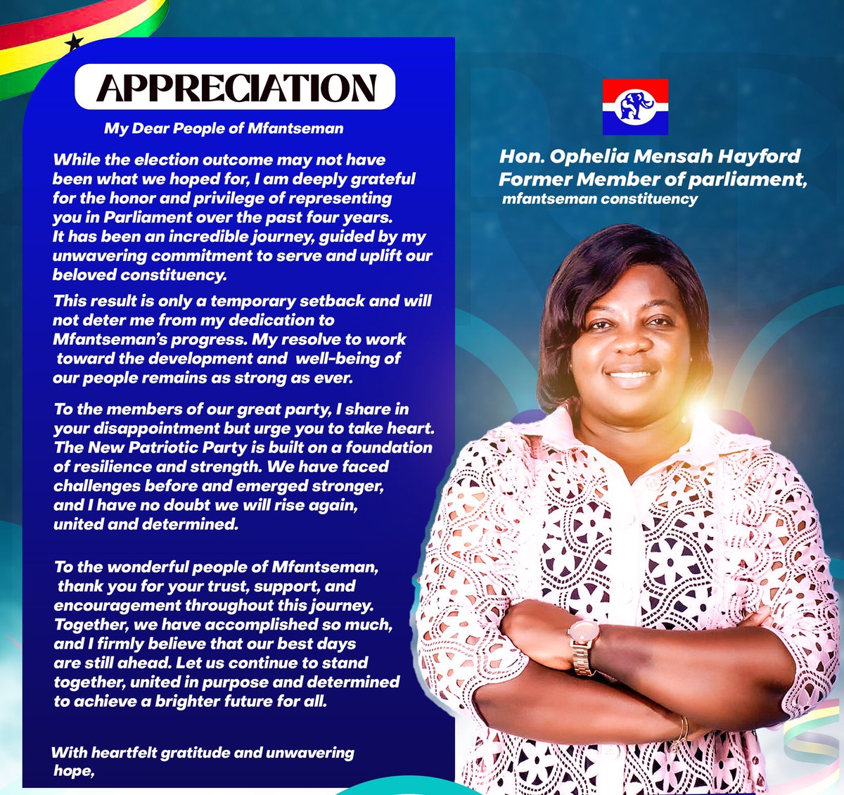 Dear good people of Mfantseman, I sincerely thank you for the privilege of serving as your Member of Parliament for our beloved constituency. It has been a wonderful journey with you.
 #GodPlan