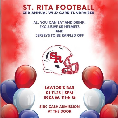 Mustang Legacy (@legacystangs) on Twitter photo Join us this Saturday for the 3rd Annual <a href="/StRitaFootball/">St. Rita Football</a> NFL WildCard Fundraiser at Lawlor’s Bar on 111th St. All you can eat and drink with raffles and helmets and jerseys to be given out. #MustangLegacy Join us this Saturday for the 3rd Annual <a href="/StRitaFootball/">St. Rita Football</a> NFL WildCard Fundraiser at Lawlor’s Bar on 111th St. All you can eat and drink with raffles and helmets and jerseys to be given out. #MustangLegacy
