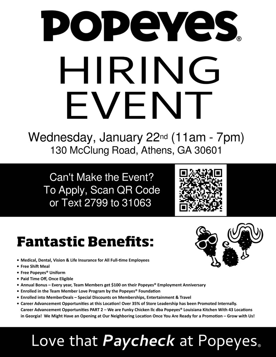 FunkyChickenATL's tweet image. 🚨Hiring Event 🚨 at our Athens location on Wednesday January 22,  from 11-7pm at 130 McClung Road, Athens, GA 30601!
Team Members &amp;amp; Shift Managers Needed in Athens!  workstream.us/j/74bf9108/pop… 
🍗#Popeyes #Hiring #GeorgiaJobs #AthensJobs #AthensGA