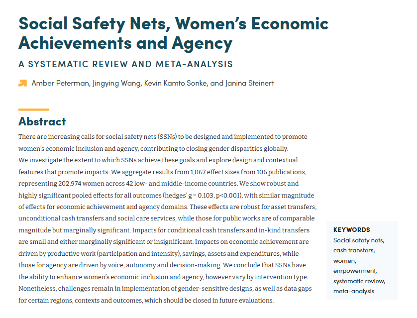 Amber Peterman (@a_peterman) on Twitter photo Honored to make the #7 slot of the Gentilini 100 for our review on women's economic achievements + agency!
Here's to keeping the evidence pipeline running on gender in 2025 🙌🏾
@jisteinert @k_sonke <a href="/Wang0426/">Jingying Wang</a> <a href="/CGDev/">Center for Global Development</a>
cgdev.org/sites/default/… Honored to make the #7 slot of the Gentilini 100 for our review on women's economic achievements + agency!
Here's to keeping the evidence pipeline running on gender in 2025 🙌🏾
@jisteinert @k_sonke <a href="/Wang0426/">Jingying Wang</a> <a href="/CGDev/">Center for Global Development</a>
cgdev.org/sites/default/…