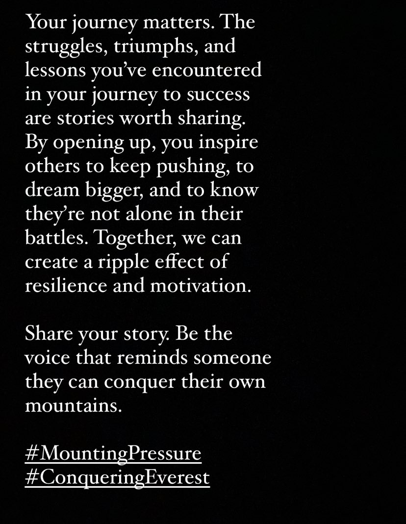 SuperStarZilim's tweet photo. Share your stories, let someone know they’re not alone. Quote this with that one experience that killed your confidence and dropped you to your lowest and how you bounced back.
#mountingpressure
#conqueringeverest https://t.co/ve5MH3eyse