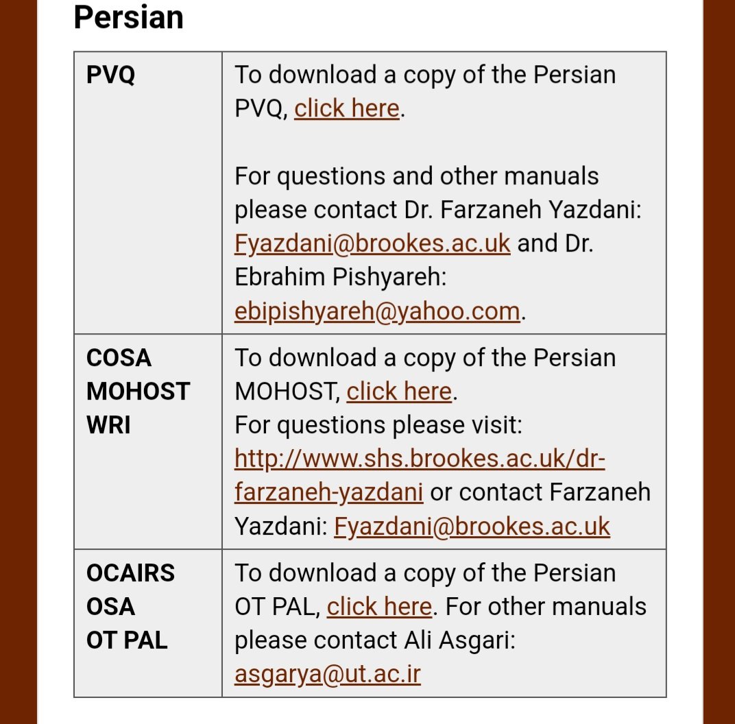 Dr Farzaneh Yazdani (@drfyazdani) on Twitter photo Dear #MOHO abd #IRM scholars and #OTs working in practice and using assessment tools in #Persian, #Arabic please contact my new email address, farzaneh.yazdani@roehampton.ac.uk
if you need a copy of these assessment tools. Dear #MOHO abd #IRM scholars and #OTs working in practice and using assessment tools in #Persian, #Arabic please contact my new email address, farzaneh.yazdani@roehampton.ac.uk
if you need a copy of these assessment tools.