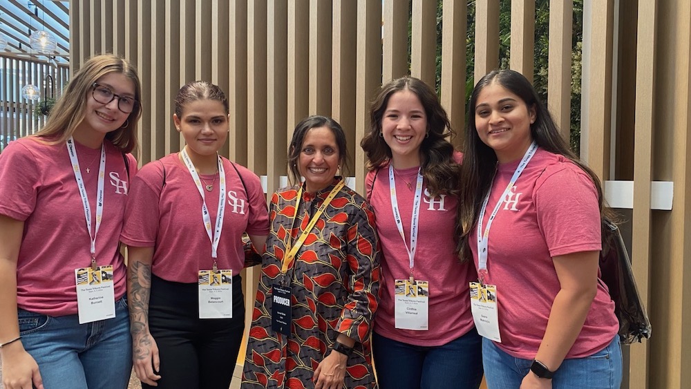 LEAP students not only follow the news; they also record the news! In 24, LEAP set a record for productivity/exposure on its student-run blog, writing &amp; posting 160 blogs with 26K visitors from 148 countries. Here the students meet with Sonal Shah, the CEO of the Texas Tribune.