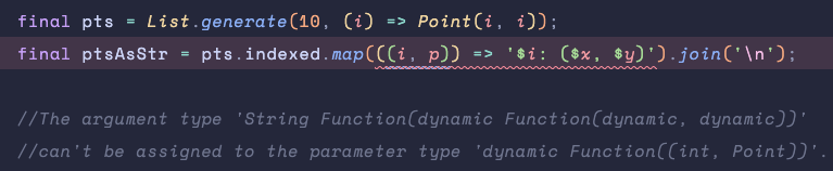 While experimenting with #Dart I saw that I can't destructure inside a `.map` function. Am I missing something or it's not possible at all? 
<a href="/mraleph/">Slava Egorov</a> do you know why?