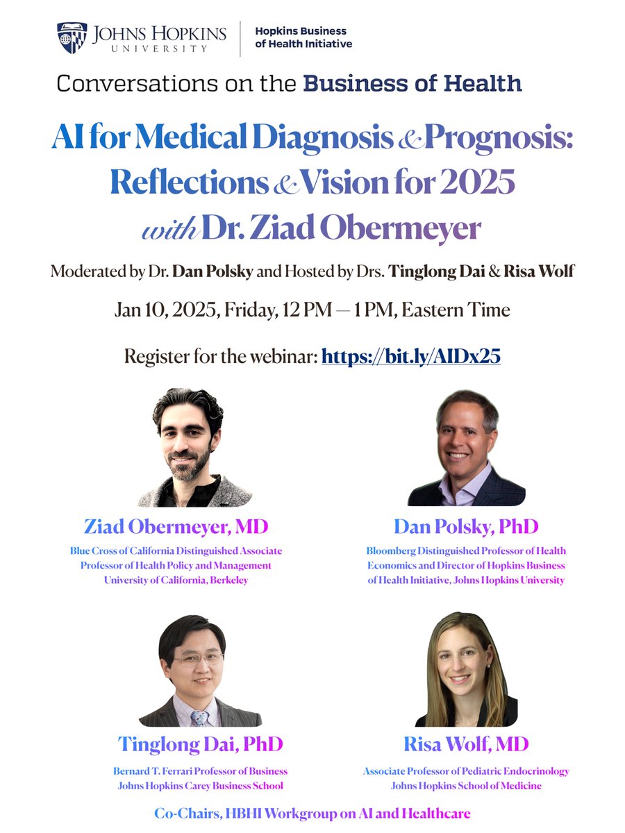 Tinglong Dai (@tinglongdai) on Twitter photo Happy 2025! Join us this Friday (Jan. 10) for a fireside chat, “AI for Medical Diagnosis and Prognosis: Reflections and Vision for 2025,” hosted by <a href="/JHU_HBHI/">Hopkins Business of Health Initiative</a> as part of our Conversations on the Business of Health Webinar Series.
We’ll be joined by Dr. <a href="/oziadias/">Ziad Obermeyer</a>, Blue Cross of Happy 2025! Join us this Friday (Jan. 10) for a fireside chat, “AI for Medical Diagnosis and Prognosis: Reflections and Vision for 2025,” hosted by <a href="/JHU_HBHI/">Hopkins Business of Health Initiative</a> as part of our Conversations on the Business of Health Webinar Series.
We’ll be joined by Dr. <a href="/oziadias/">Ziad Obermeyer</a>, Blue Cross of
