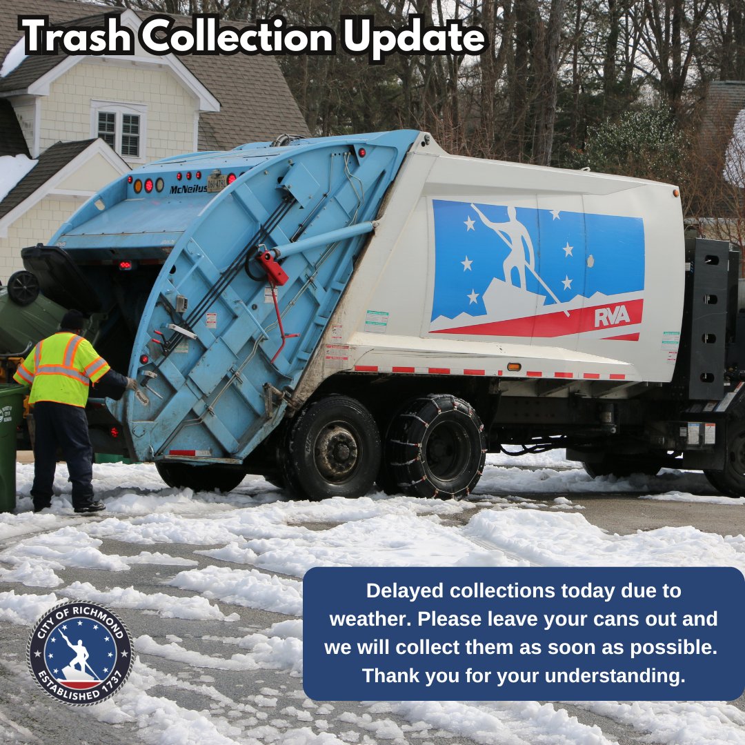 Heads Up Richmond! Trash pick up will be delayed by at least a day this week. Please leave your supercans out, and DPW will be through your neighborhood as soon as it is safe!
