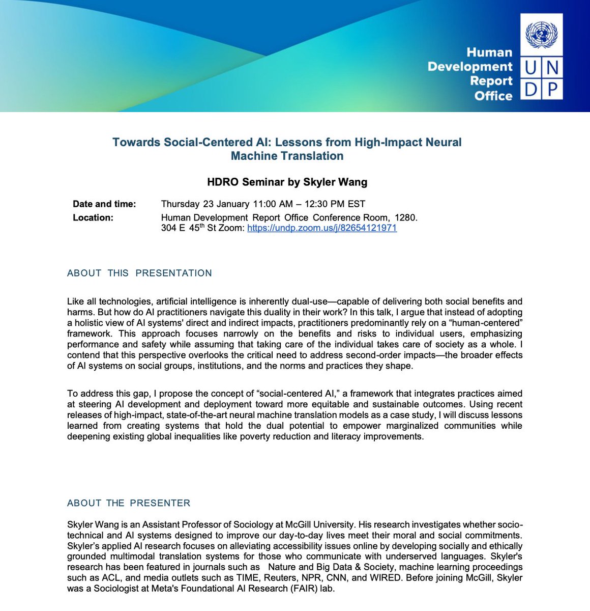 Skyler Wang (@skylrwang) on Twitter photo Excited to be invited to give a talk on 'social-centered AI' at the <a href="/UNDP/">UN Development</a> Human Development Report Office later this month. See you soon NYC! 🗽 Excited to be invited to give a talk on 'social-centered AI' at the <a href="/UNDP/">UN Development</a> Human Development Report Office later this month. See you soon NYC! 🗽