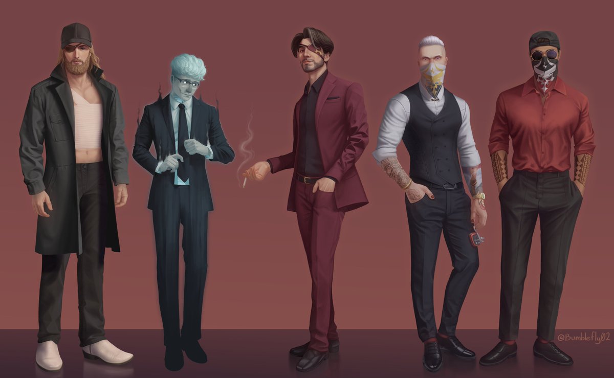 Bumblefly02's tweet image. After over 200+ hours of work over the span of a little over 5 months, its finally done.
A few of my favorite GTA rp characters 

from left to right:
Slacks, Brekkers, Mickey, Raymond, Benji
#Nopixel #nopixelfanart #GTARP