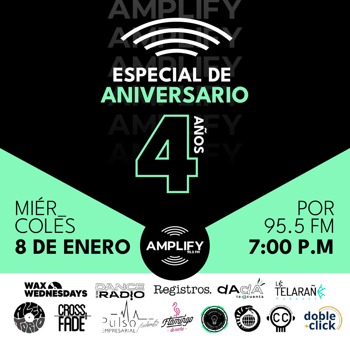 🎉 ¡Imperdible! 📻 Este miércoles 8 de enero a las 7 p.m. celebramos 4 años 🔊 amplificando lo que nos gusta 🔊 a través de la frecuencia 95.5 FM de 🎙️ Amplify Radio 🎚️. Sintonizá nuestra transmisión especial con los productores de los programas que te acompañan cada día.