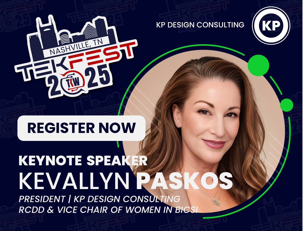 Announcing Kevallyn Paskos, RCDD, CSM Founder of KP Design Consulting as Keynote for #tekfest! Kevallyn also serves as VC of Women in <a href="/BICSI/">BICSI</a>. We're so fortunate to have her coming to speak to our community! Have you registered yet?  
Early Bird 
tekfest.org