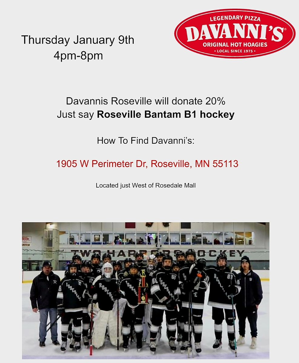 Nelly (@mnelsonsr74) on Twitter photo Hey pizza lovers!
Head on over to <a href="/davannis/">Davanni's Pizza</a> Roseville, on Thursday 1/9 4-8pm and help <a href="/RSVLB1Bantams/">Roseville Bantams B1</a> raise money for <a href="/GilletteChildrn/">Gillette Children's</a> hospital!
Just mention Roseville Bantam B1 hockey 
Thank you!! Hey pizza lovers!
Head on over to <a href="/davannis/">Davanni's Pizza</a> Roseville, on Thursday 1/9 4-8pm and help <a href="/RSVLB1Bantams/">Roseville Bantams B1</a> raise money for <a href="/GilletteChildrn/">Gillette Children's</a> hospital!
Just mention Roseville Bantam B1 hockey 
Thank you!!