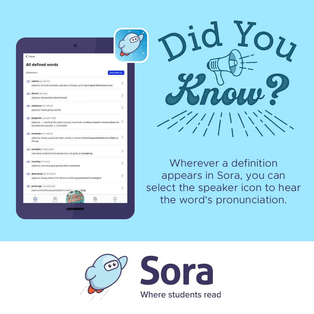 Patricia Alvarado (@disdlibrarian) on Twitter photo Did you know? With Sora eBooks, students and teachers in Dallas ISD have access to thousands of eBook titles!
🎧 Use "Read to Me" to hear text read aloud.
🔊 Tap the speaker icon to hear word pronunciations.
Start reading today! soraapp.com/library/dallas…
<a href="/DISD_Libraries/">Dallas ISD Libraries</a> Did you know? With Sora eBooks, students and teachers in Dallas ISD have access to thousands of eBook titles!
🎧 Use "Read to Me" to hear text read aloud.
🔊 Tap the speaker icon to hear word pronunciations.
Start reading today! soraapp.com/library/dallas…
<a href="/DISD_Libraries/">Dallas ISD Libraries</a>
