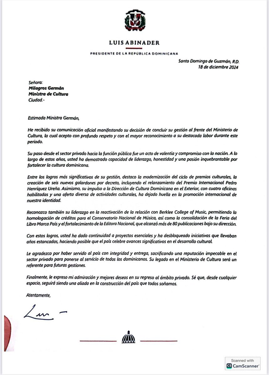 MilagrosGermanO's tweet photo. Agradezco profundamente al Presidente @LuisAbinader por la oportunidad de formar parte de un gobierno histórico que ha trabajado incansablemente por nuestro país. Me llevo aprendizajes, logros y gratitud eterna. Siempre contará con mi apoyo y afectos. 🇩🇴✨ https://t.co/yvCPlYg553