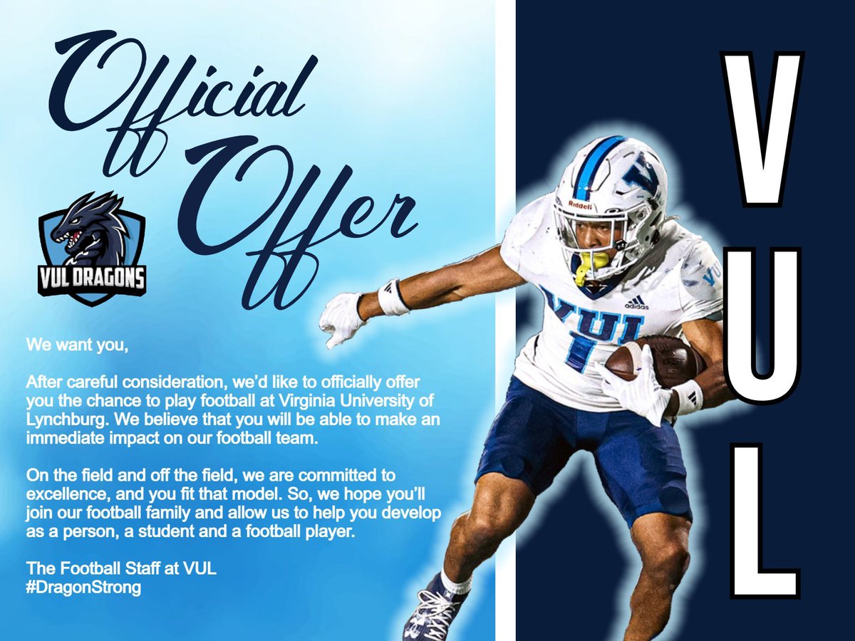 After a great call with <a href="/BHawk_12/">Blake Hawkins</a> I am blessed to receive an offer from Virginia University of Lynchburg! <a href="/FootballVul/">VUL Football</a> 

<a href="/CoachStrick_98/">Jason Strickland</a>