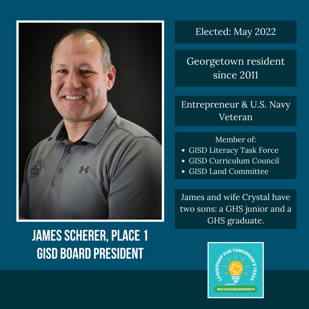 GeorgetownISD's tweet image. Meet #GISDBoard President James Scherer. #SchoolBoardMonth
Thank you for your endless dedication to the students of GISD, James! 

You can learn more about our school board on our website: georgetownisd.org/board