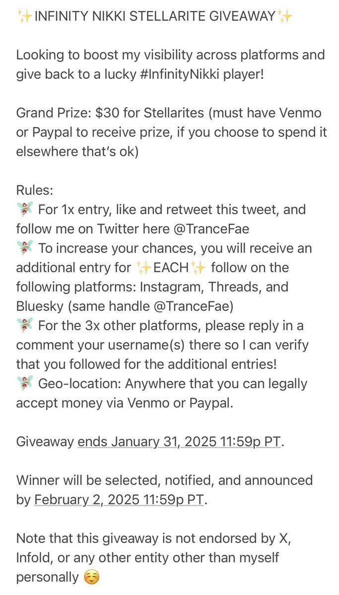 TranceFae's tweet image. ✨INFINITY NIKKI STELLARITE GIVEAWAY✨

Looking to boost my visibility across platforms and give back to a lucky #InfinityNikki player!

Grand Prize: $30 for Stellarites (must have Venmo or Paypal to receive prize, if you want to spend it elsewhere that’s ok)

See rules below 💖