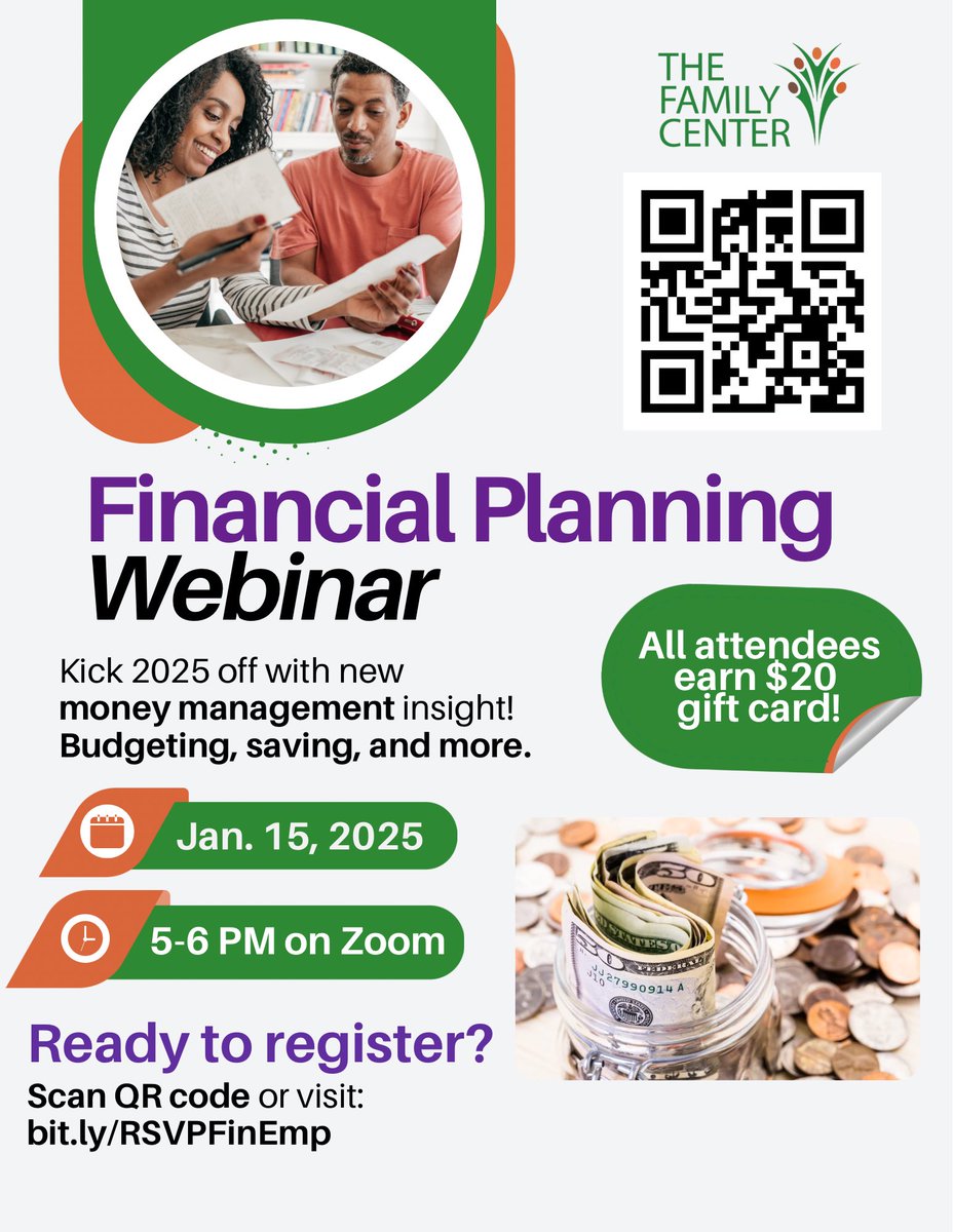 Start the new year with a new financial plan! Join The Family Center on Wednesday, 1/15 at 5 PM as we discuss all things money management to kick off 2025. 🎉💚 We’ll discuss budgeting, saving, and more. RSVP here: bit.ly/RSVPFinEmp to sign up today! #financialliteracy