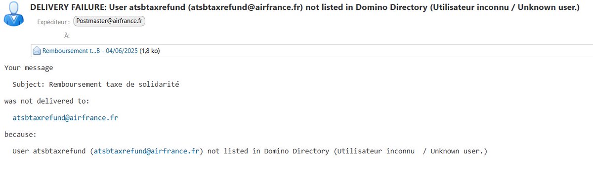 sgouvs's tweet image. @AirFranceFR Elle est sympa votre réponse au formulaire de remboursement de la #taxe solidarité anticipée...
et le bug n&apos;est pas corrigé depuis 3 semaines..?
Vous avez été plus réactif pour anticiper la collecte d&apos;une taxe qui n&apos;était pas encore votée.. #relationclients