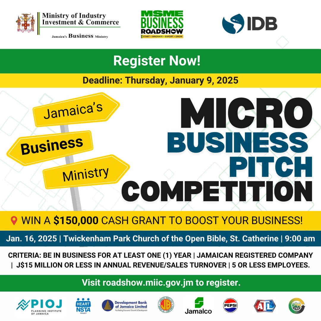 Step Up, Stand Out!

Join MIIC’s Micro Business Pitch Competition at the #MSMEBusinessRoadshow on Jan 16, 2025, Twickenham Park Church, St. Catherine. Pitch your ideas, gain exposure &amp; win J$150K! To learn more visit roadshow.miic.gov.jm.

Register today!