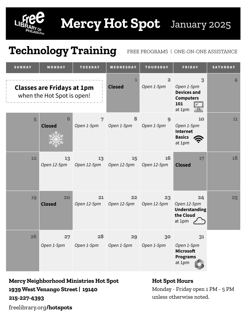 The Hot Spot closed yesterday for the snow but will be back open today 1pm-5pm and for the rest of the week! Classes continue Fridays at 1pm. More at: freelibrary.org/hotspots