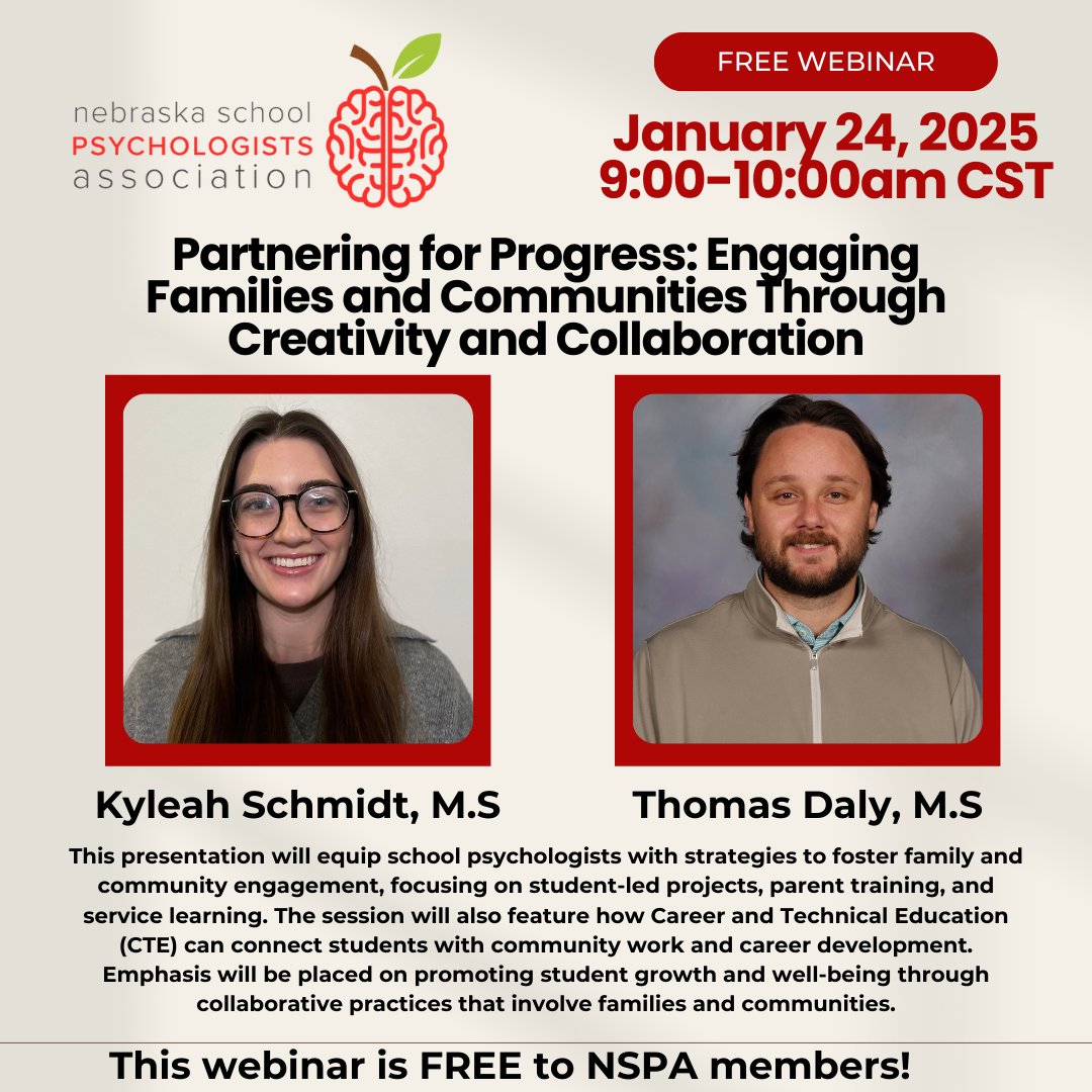 📢NSPA Members Only Webinar!

📅 Date: Jan. 24, 2025
⏰ Time: 9-10 AM CST
Discover strategies to boost family &amp; community engagement through student-led projects, parent training, service learning, &amp; CTE connections.

💻 Register now: nspa.wildapricot.org/event-5983715

#NSPAWebinar