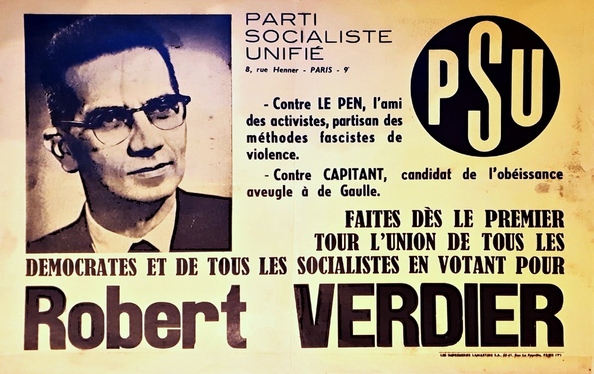 📜"Contre Le Pen, l'ami des activistes, partisan des méthodes fascistes de violence", cette affiche du PSU datée des législatives de 1962 a une résonance particulière le jour de la mort de Jean-Marie #Lepen  dont les idées sont combattues par la gauche depuis des décennies. ⤵️