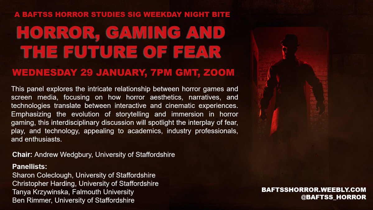 Happy new year, fiends! Our first event of 2025 takes place online 29 Jan, and explores horror gaming, aesthetics, narratives and technologies. Registration is free and open to all: forms.office.com/e/EE1TddGrXt