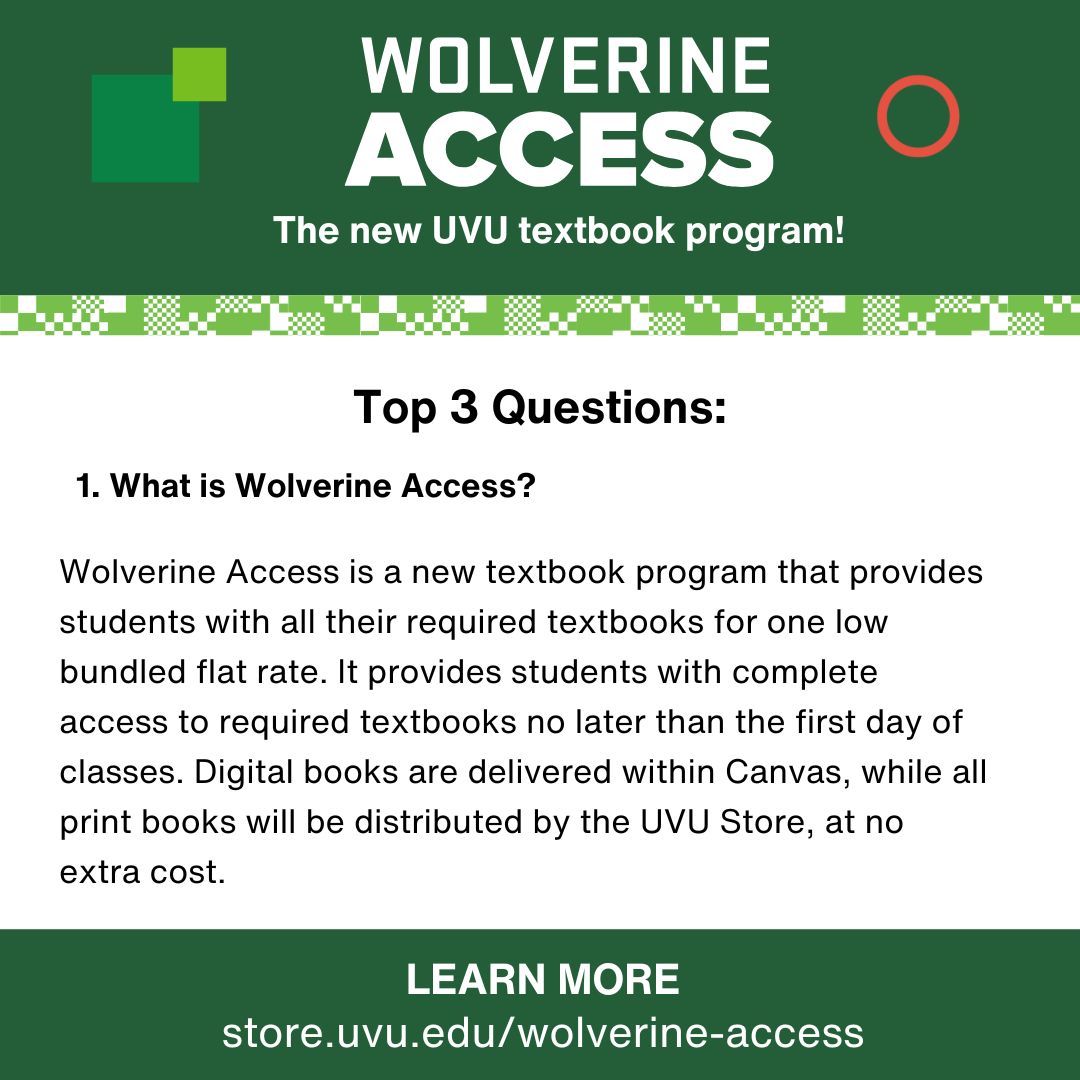 UVUStore's tweet image. Top 3 questions about Wolverine Access:

Learn more at bit.ly/3Pru9Y6 or the link in our Linktree.
.
.
#UVUStore #WolverinAccess #Textbooks