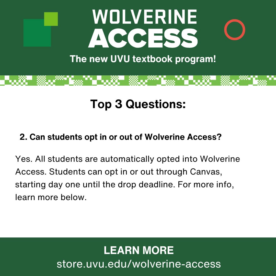 UVUStore's tweet image. Top 3 questions about Wolverine Access:

Learn more at bit.ly/3Pru9Y6 or the link in our Linktree.
.
.
#UVUStore #WolverinAccess #Textbooks