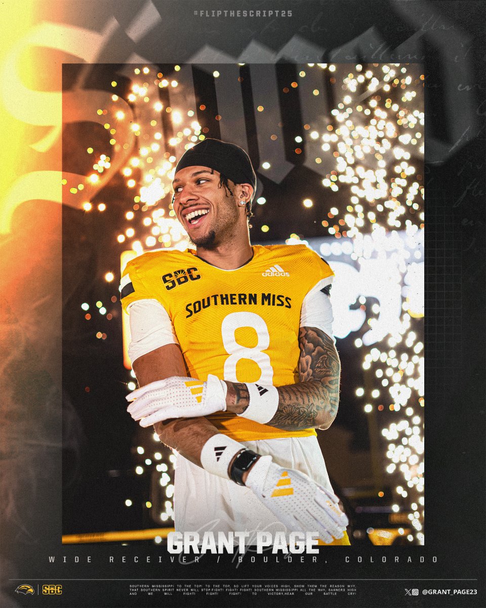 Southern Miss Football (@southernmissfb) on Twitter photo Say hello to the newest Golden Eagle ‼️
➡️ Utah State
🏈 Wide Receiver
<a href="/Grant_Page23/">Grant Page</a> | #SMTTT Say hello to the newest Golden Eagle ‼️
➡️ Utah State
🏈 Wide Receiver
<a href="/Grant_Page23/">Grant Page</a> | #SMTTT